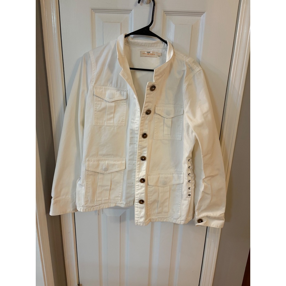Tory Burch Utility Jacket Womens XL White Lace Up Side Cargo Military Mock Neck